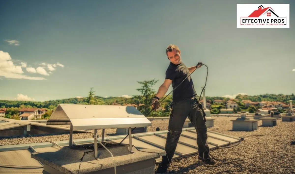 Technician working beside a chimney on a roof