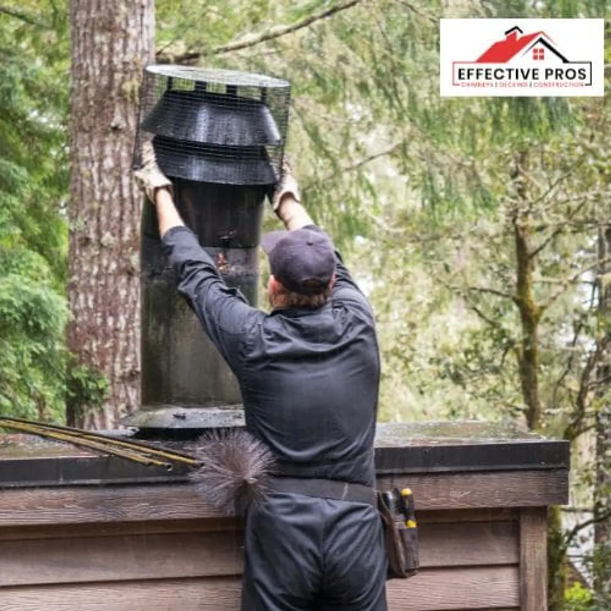 Brush cleaning a metal flue beside a wooded property