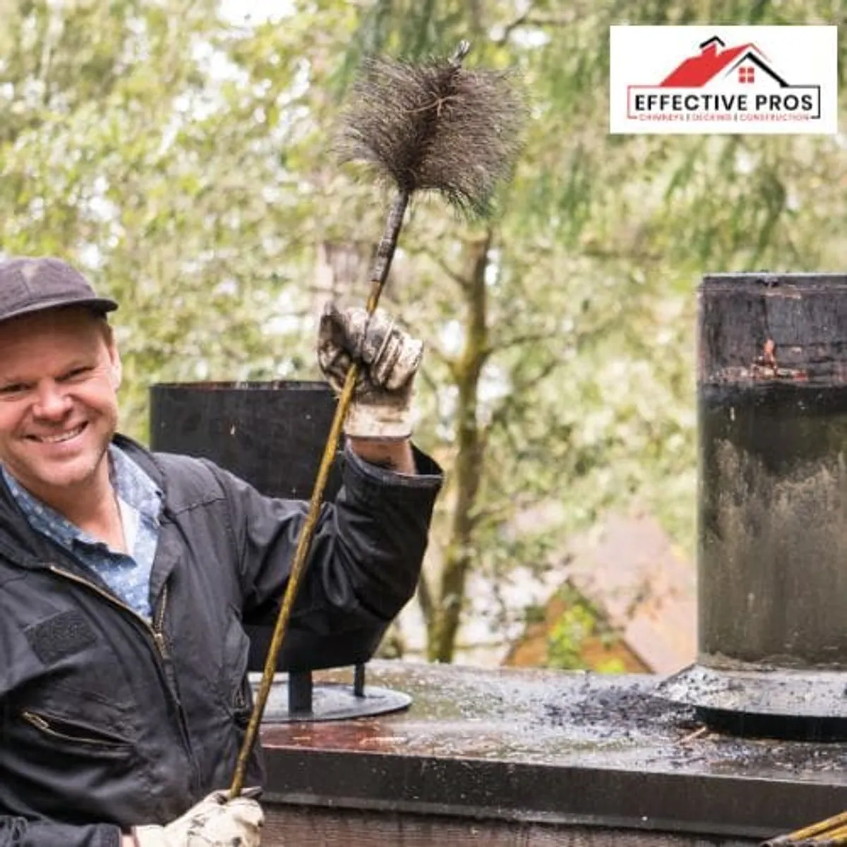 Chimney sweeping brush and technician beside a metal flue