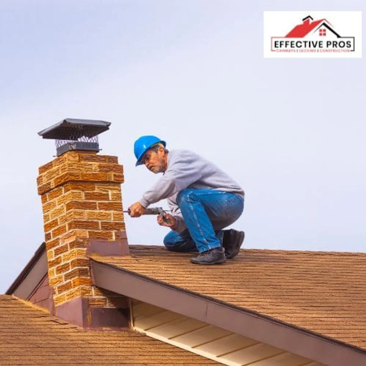 Masonry work beside a brick chimney on a tiled roof