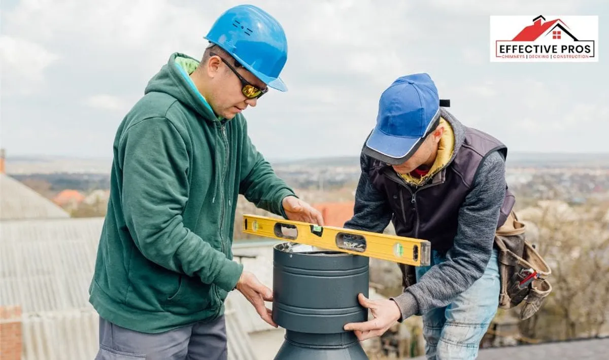 Workers checking a masonry chimney with a spirit level