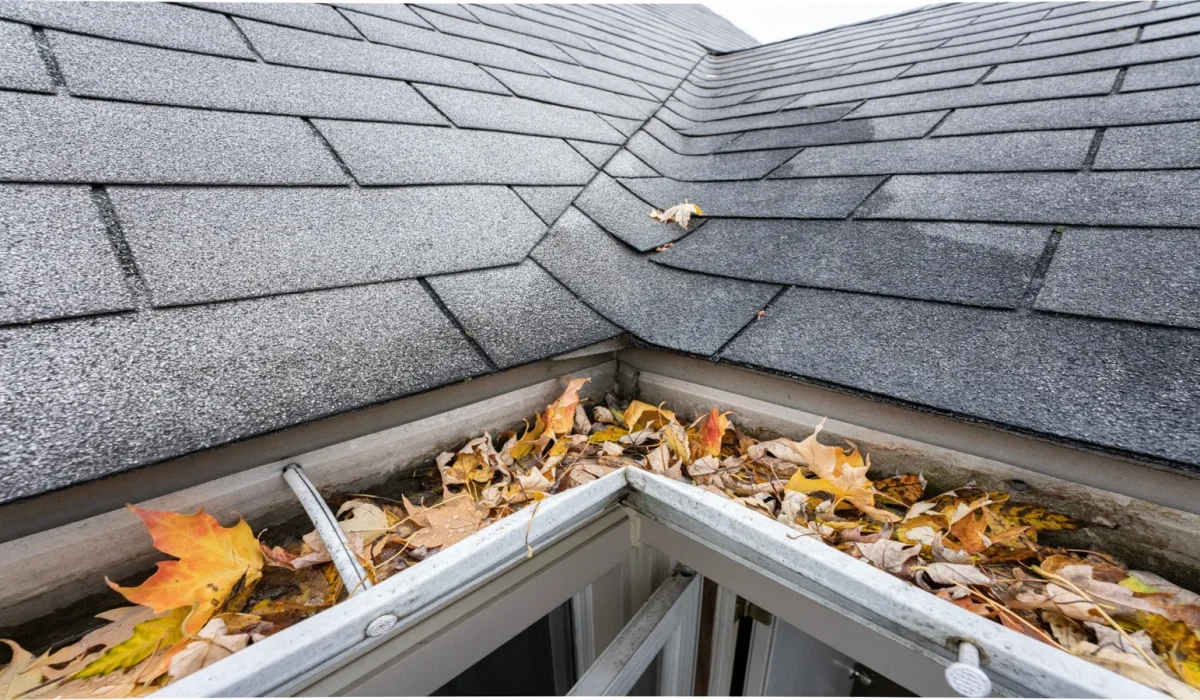 Worker cleaning leaves from a residential gutter.