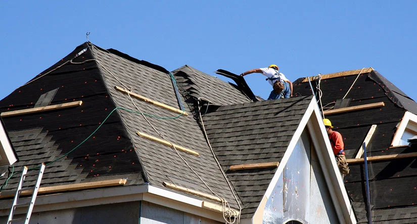 Old shingles being removed during roof replacement.