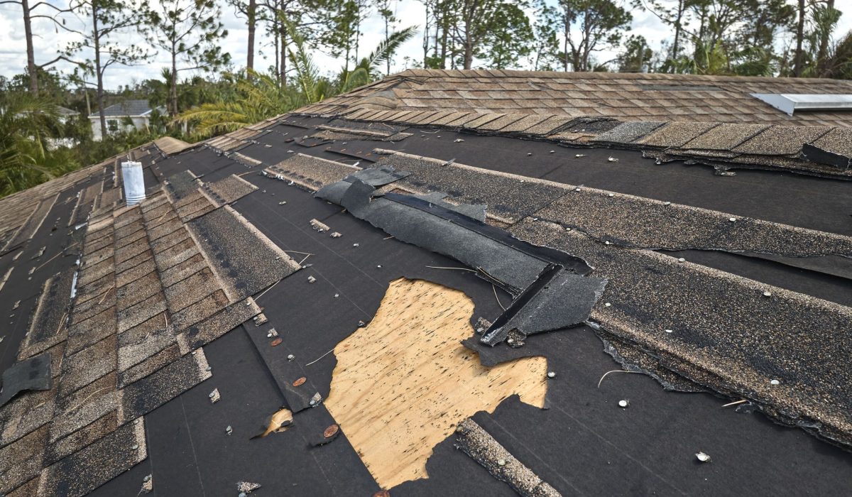 Damaged roof after storm awaiting inspection.