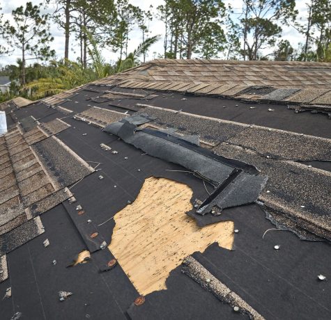 Damaged roof after storm awaiting inspection.