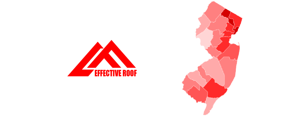 Effective Roof service areas map showing roofing and flashing repair coverage across New Jersey counties